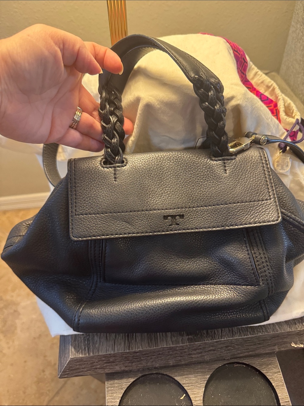 Tory Burch Black Pebbled Leather Braided-Handle Satchel